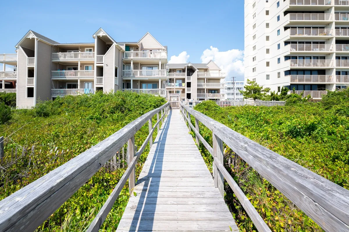 A charming wooden boardwalk meanders through verdant greenery, leading towards the beach, with residential buildings visible in the background. The scene radiates a relaxed, inviting mood and hints at leisurely strolls to the ocean.